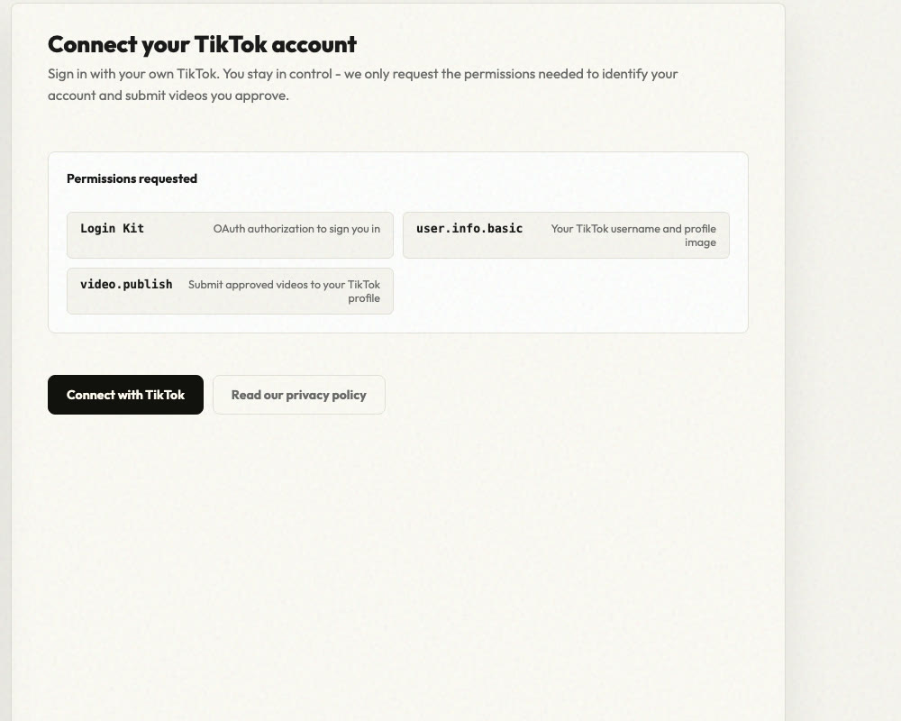 The TikTok Tool asking to connect an account, with the permissions it requests