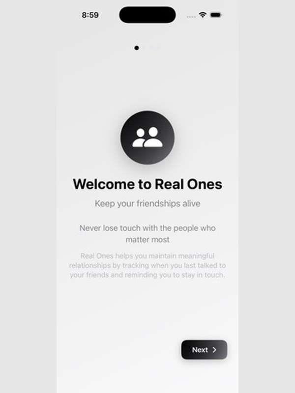 The Real Ones welcome screen on iPhone