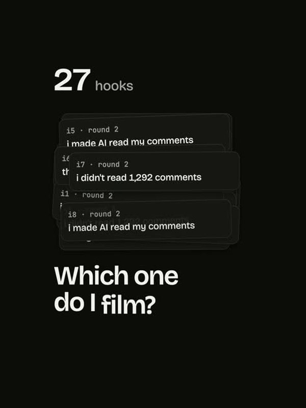 A reel frame from Script Engine: a list of hooks scored for one reel, with the line Which one do I film?
