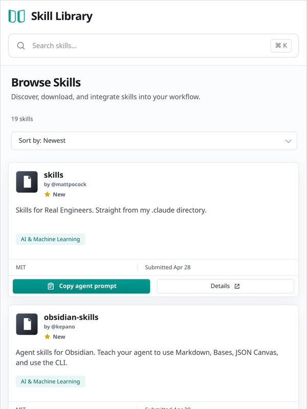 The Skills catalog home page, with its list of agent skills