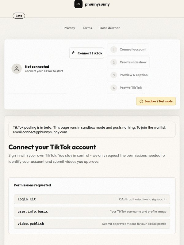 The TikTok Tool page in beta, connecting an account in sandbox mode