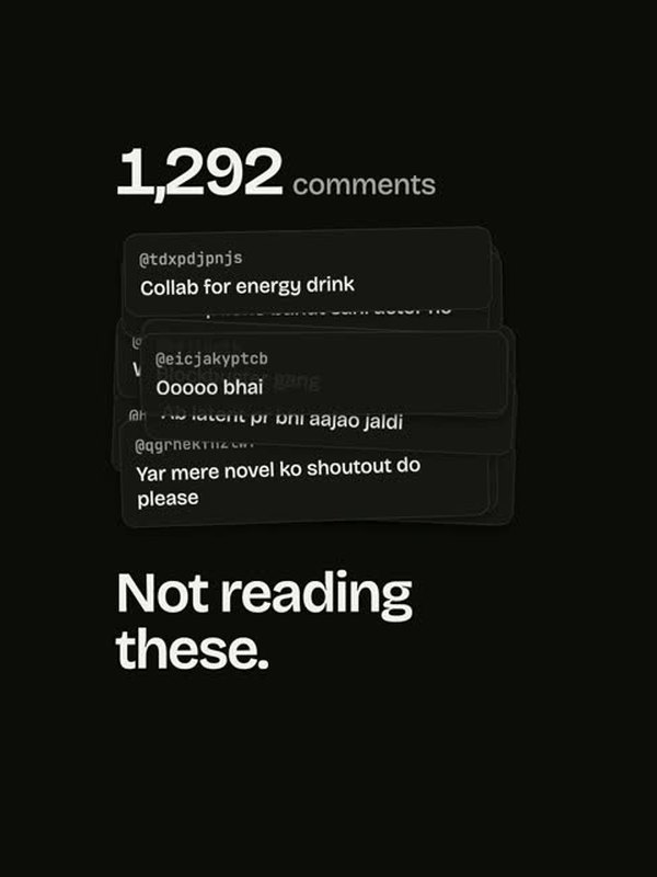 A reel frame from Video Engine: stacked comment cards rendered as a finished scene, with the line Not reading these